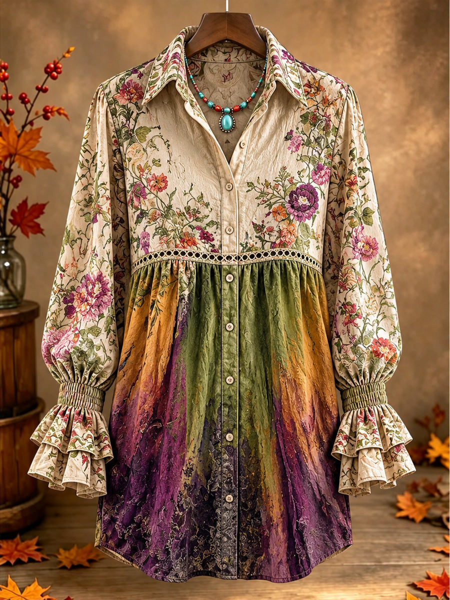 Women's Casual Art Print Retro V-Neck Layered Stitched Long Sleeve Shirt